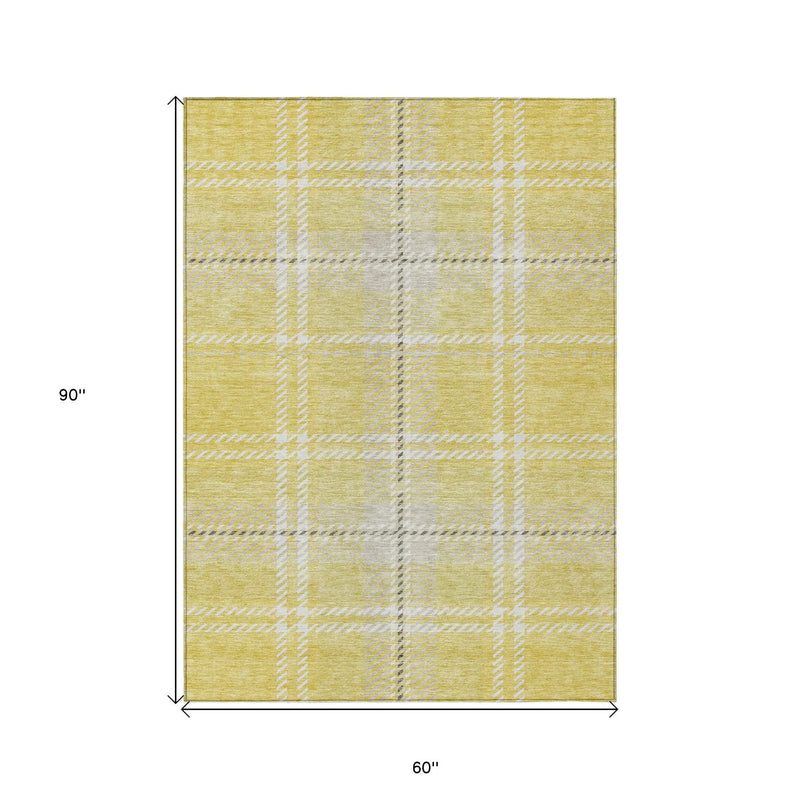 5' X 8' Yellow Black And Ivory Plaid Washable Indoor Outdoor Area Rug Homeroots Outdoor