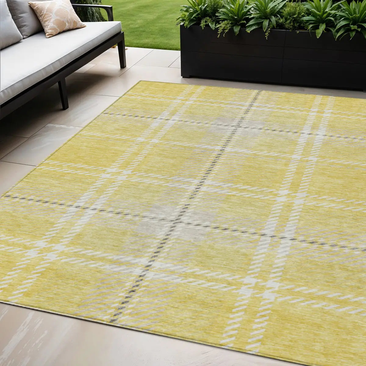 5' X 8' Yellow Black And Ivory Plaid Washable Indoor Outdoor Area Rug Homeroots Outdoor