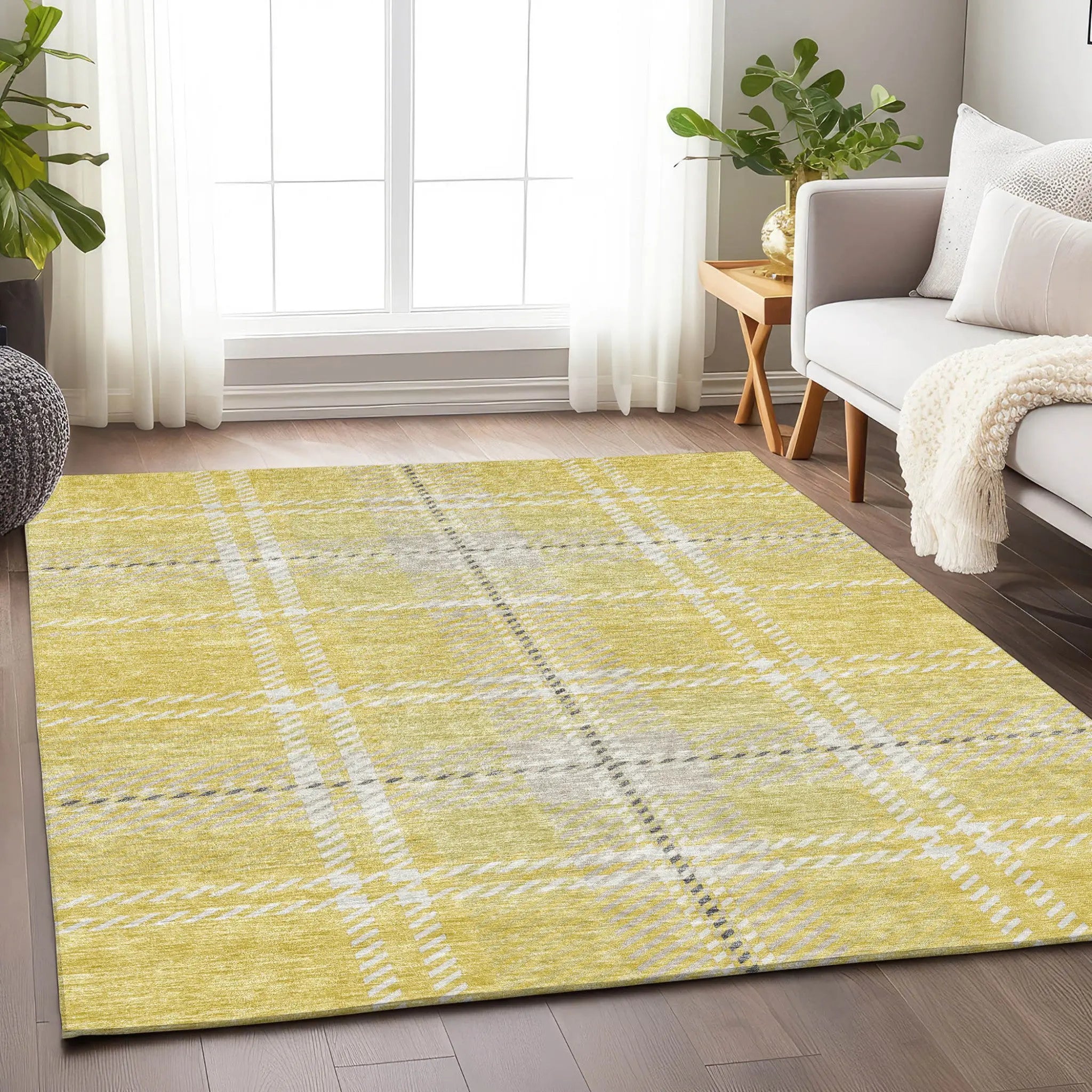 5' X 8' Yellow Black And Ivory Plaid Washable Indoor Outdoor Area Rug Homeroots Outdoor