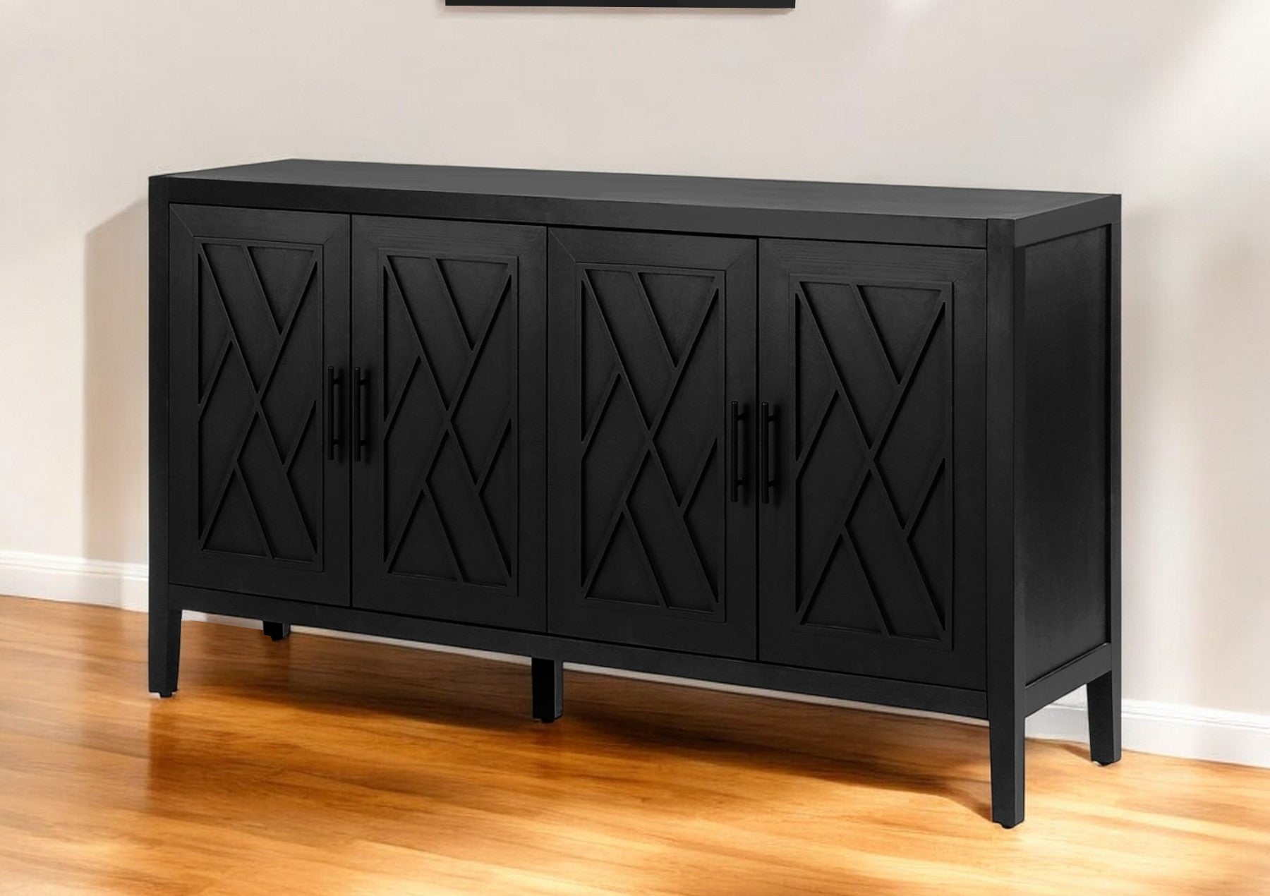 60" Black Distressed Sideboard with Four Doors Homeroots Kitchen & Dining