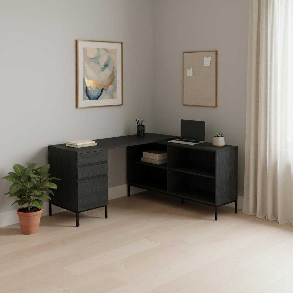60" Black L Shape Computer Desk With Three Drawers Homeroots Office