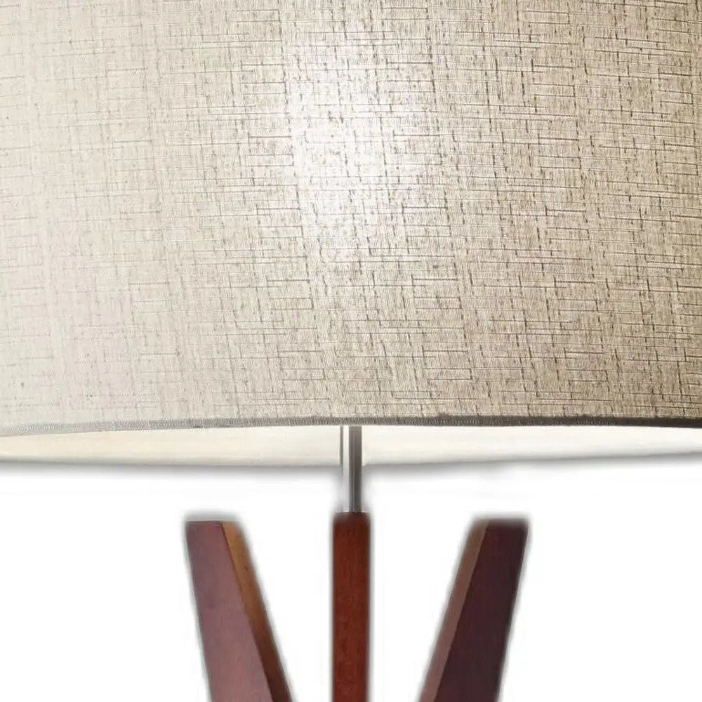 60" Brown And White Solid Wood Tripod Floor Lamp With White Fabric Drum Shade - GreatEagleInc