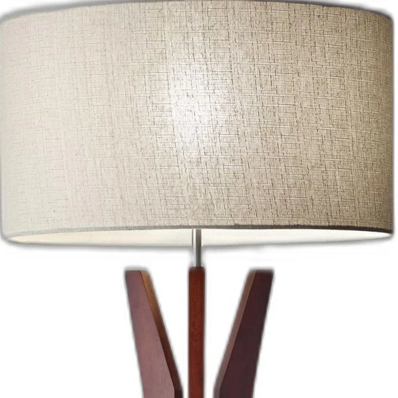 60" Brown And White Solid Wood Tripod Floor Lamp With White Fabric Drum Shade - GreatEagleInc