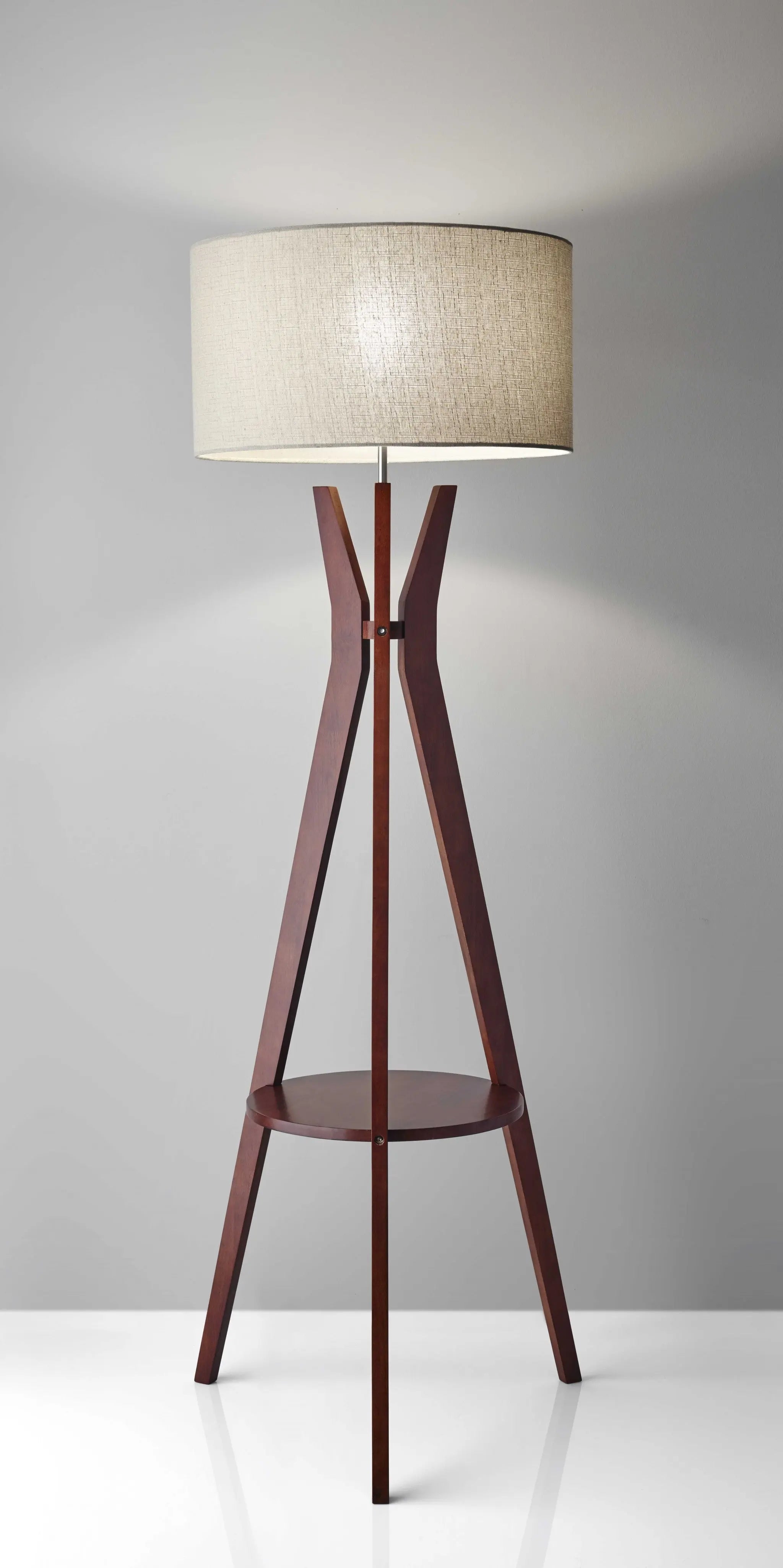 60" Brown And White Solid Wood Tripod Floor Lamp With White Fabric Drum Shade - GreatEagleInc