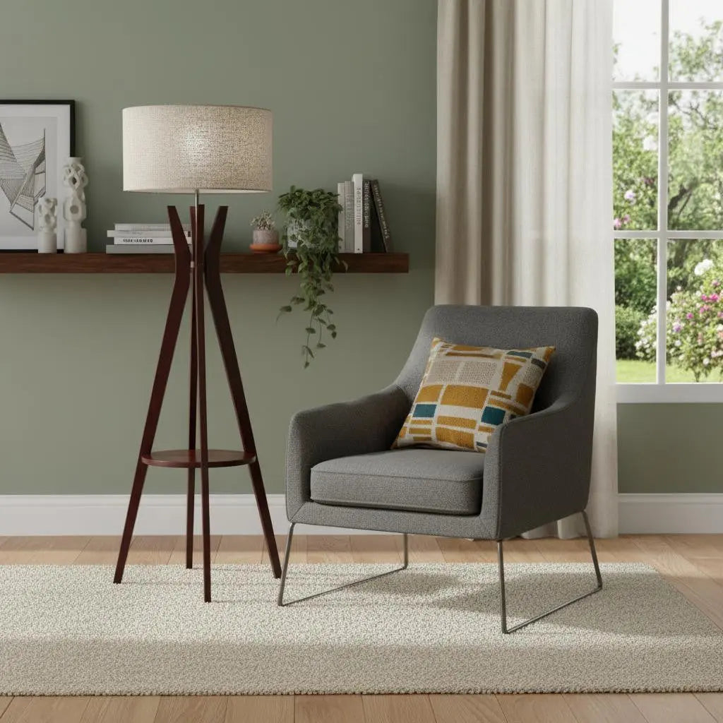 60" Brown And White Solid Wood Tripod Floor Lamp With White Fabric Drum Shade - GreatEagleInc