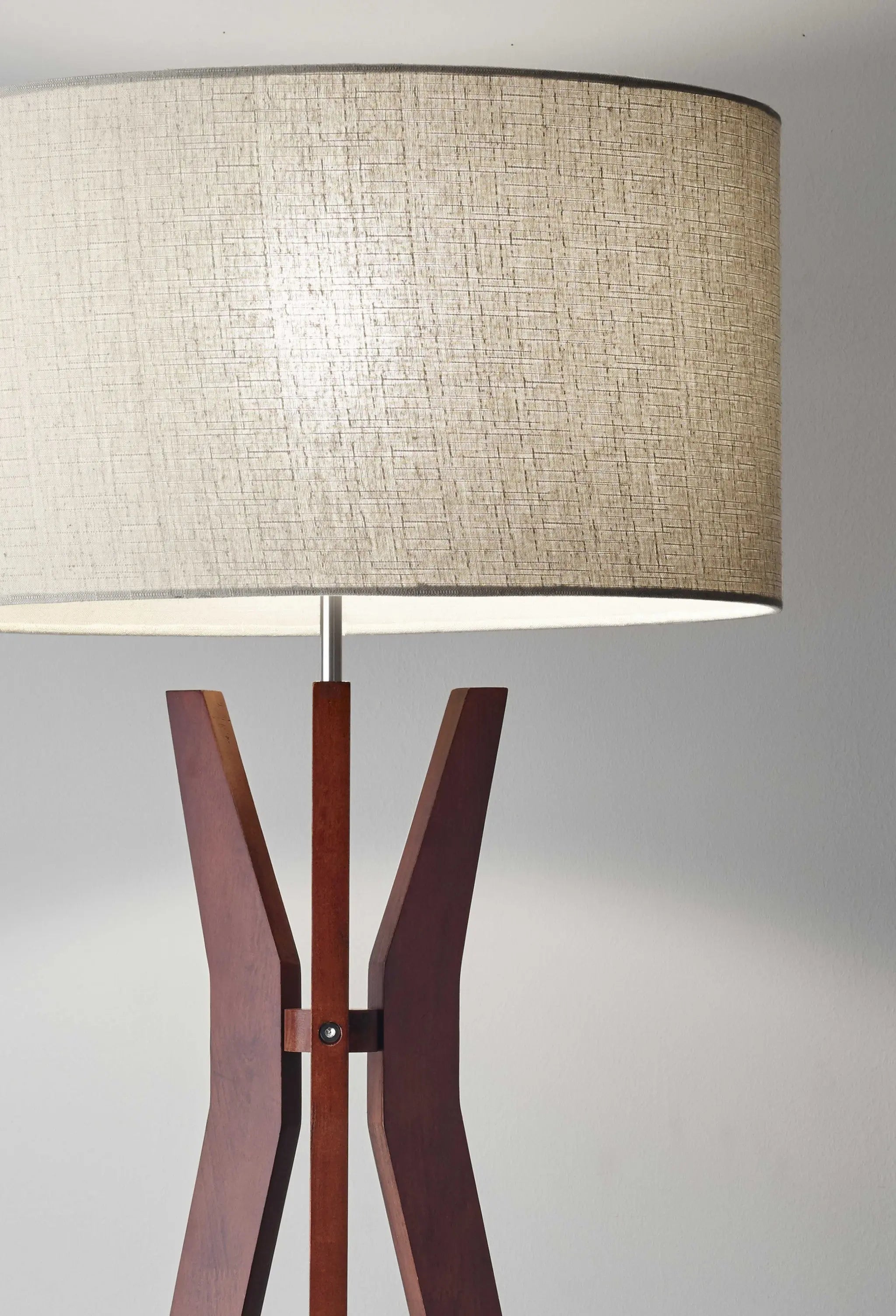 60" Brown And White Solid Wood Tripod Floor Lamp With White Fabric Drum Shade - GreatEagleInc