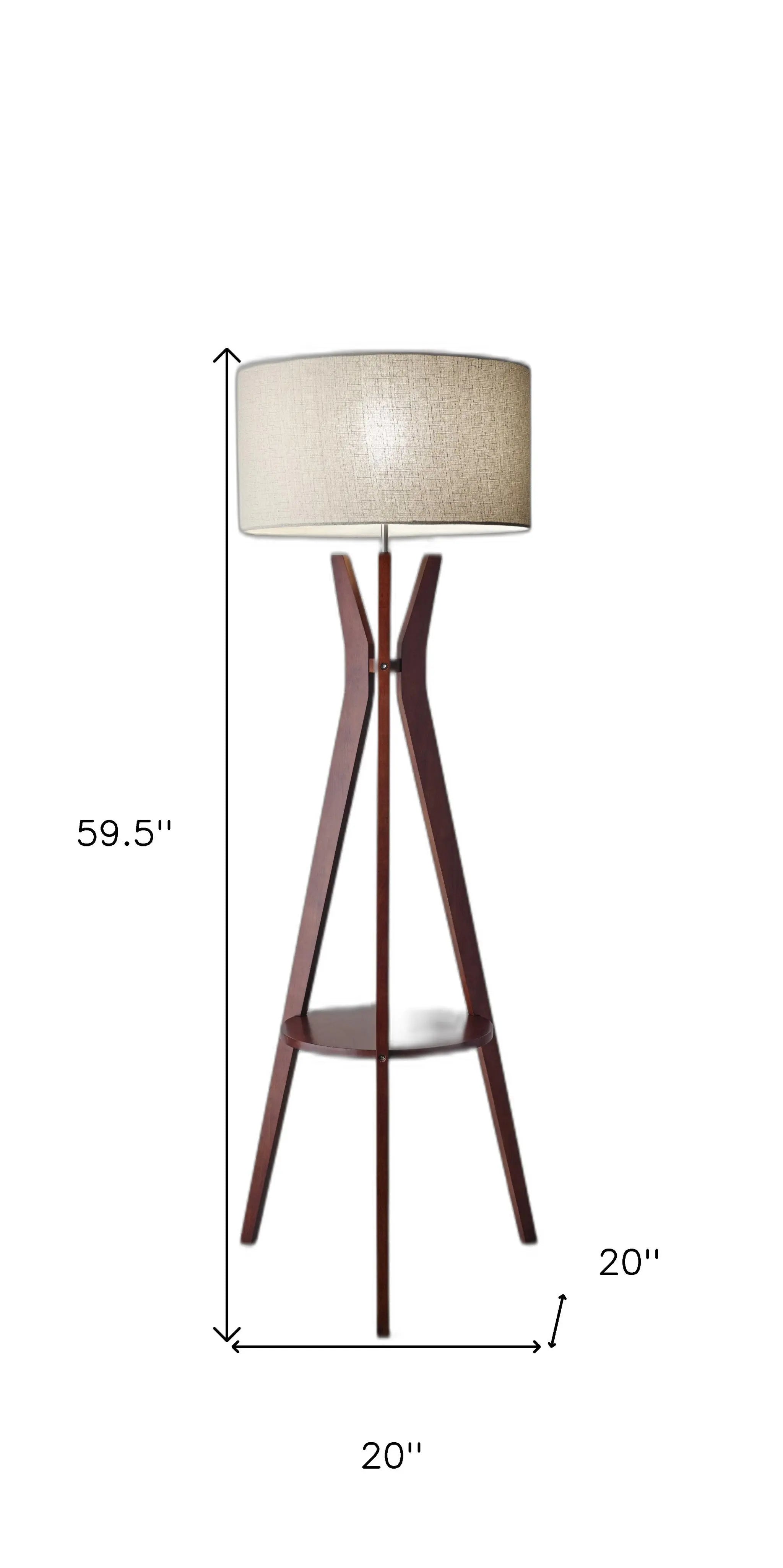 60" Brown And White Solid Wood Tripod Floor Lamp With White Fabric Drum Shade - GreatEagleInc