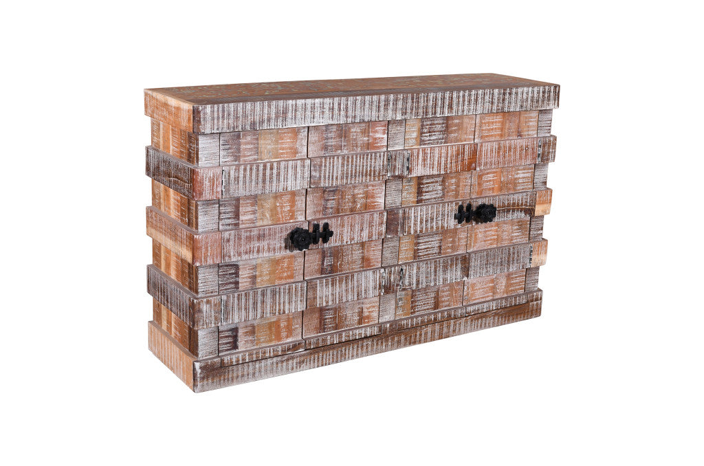 60" Brown Distressed Reclaimed Wood Ribbed Texture Sideboard with Four Doors Homeroots Kitchen & Dining