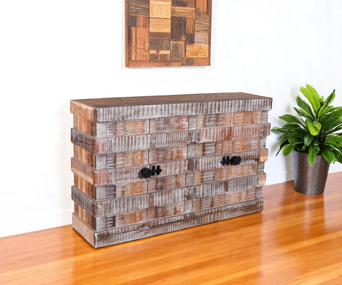 60" Brown Distressed Reclaimed Wood Ribbed Texture Sideboard with Four Doors Homeroots Kitchen & Dining