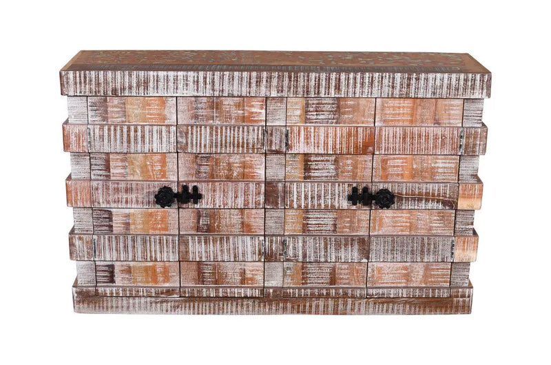 60" Brown Distressed Reclaimed Wood Ribbed Texture Sideboard with Four Doors Homeroots Kitchen & Dining