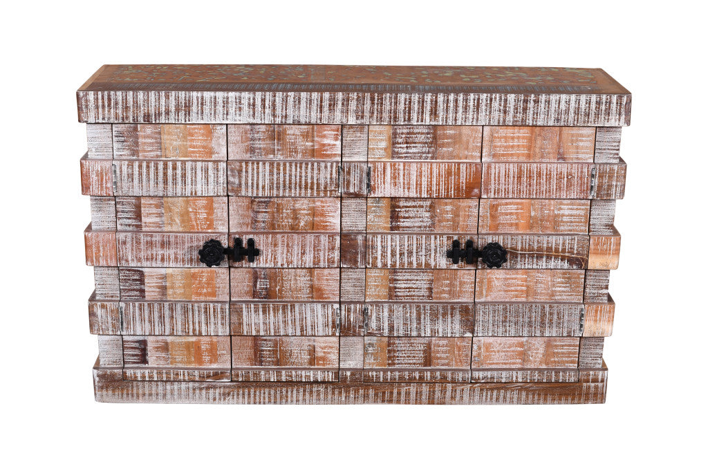 60" Brown Distressed Reclaimed Wood Ribbed Texture Sideboard with Four Doors Homeroots Kitchen & Dining
