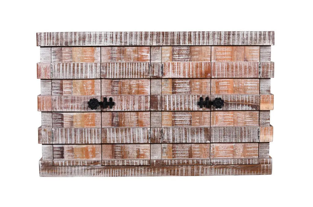 60" Brown Distressed Reclaimed Wood Ribbed Texture Sideboard with Four Doors Homeroots Kitchen & Dining