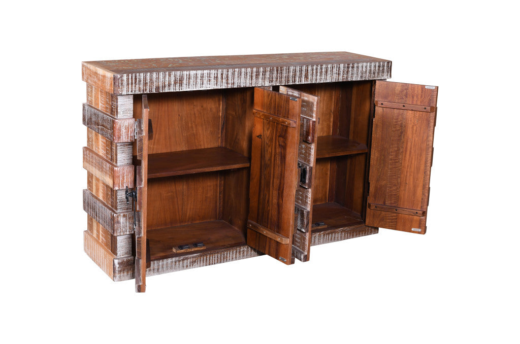 60" Brown Distressed Reclaimed Wood Ribbed Texture Sideboard with Four Doors Homeroots Kitchen & Dining
