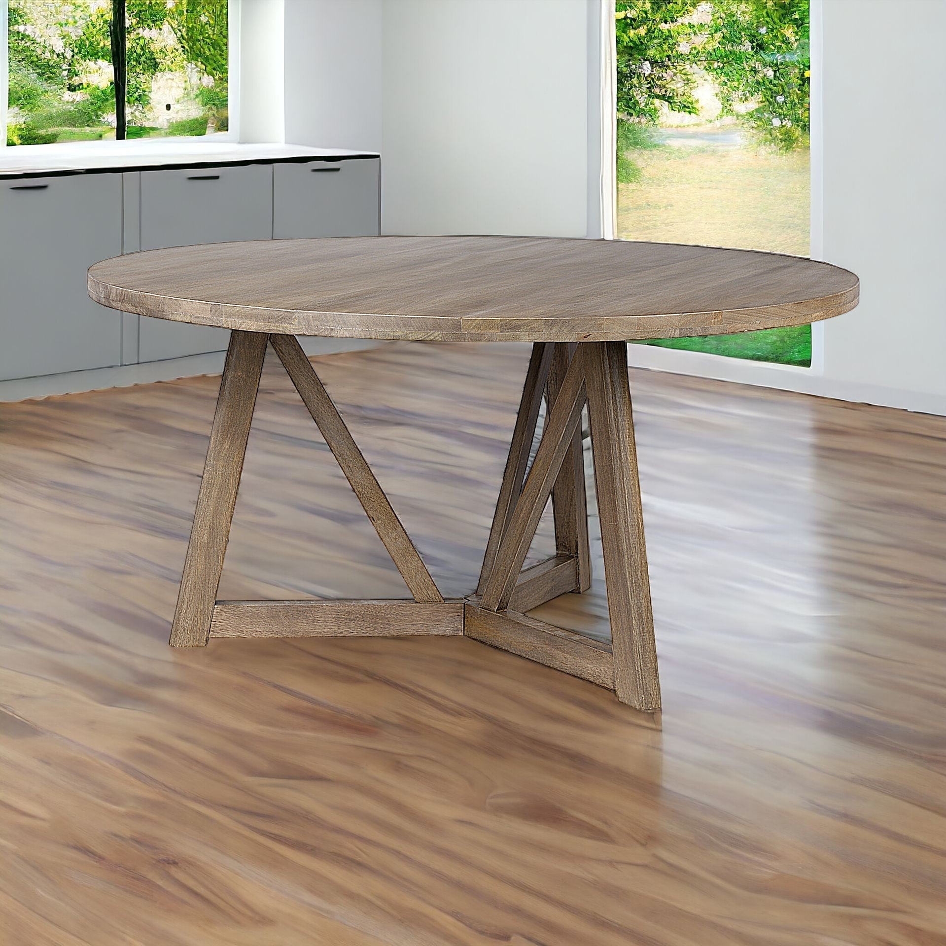 60" Brown Rounded Solid Wood Pedestal Base Dining Table - GreatEagleInc