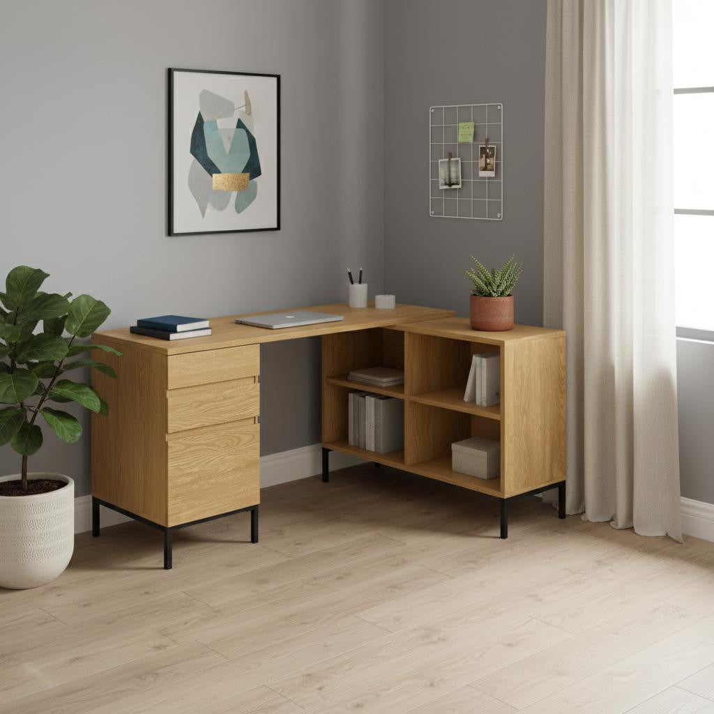 60" Brown and Black L Shape Computer Desk With Three Drawers Homeroots Office