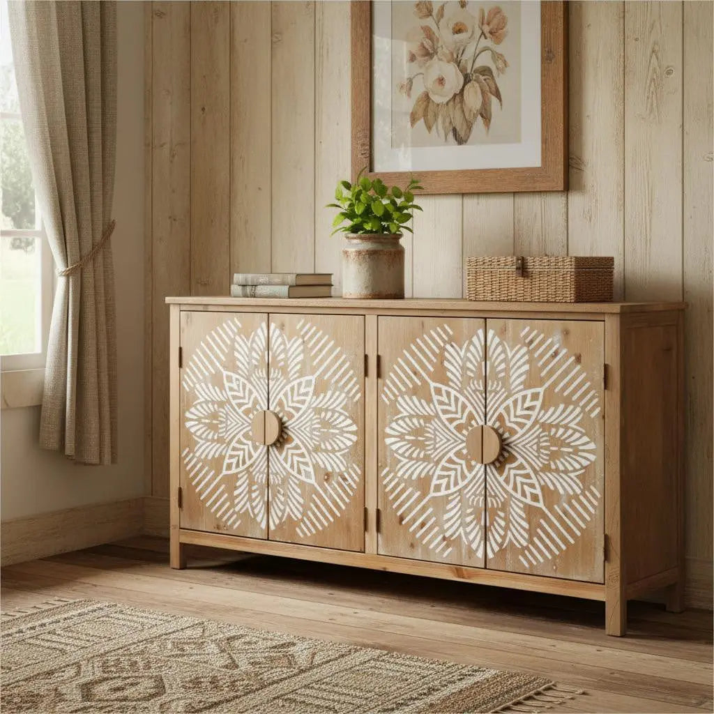 60" Brown and White Wood Carved Floral Accent Cabinet With Four Doors Homeroots Kitchen & Dining