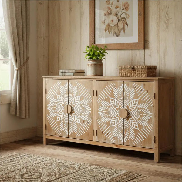 60" Brown and White Wood Carved Floral Accent Cabinet With Four Doors Homeroots Kitchen & Dining