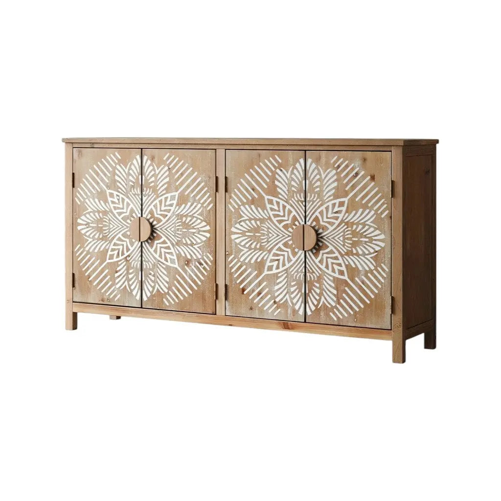 60" Brown and White Wood Carved Floral Accent Cabinet With Four Doors Homeroots Kitchen & Dining