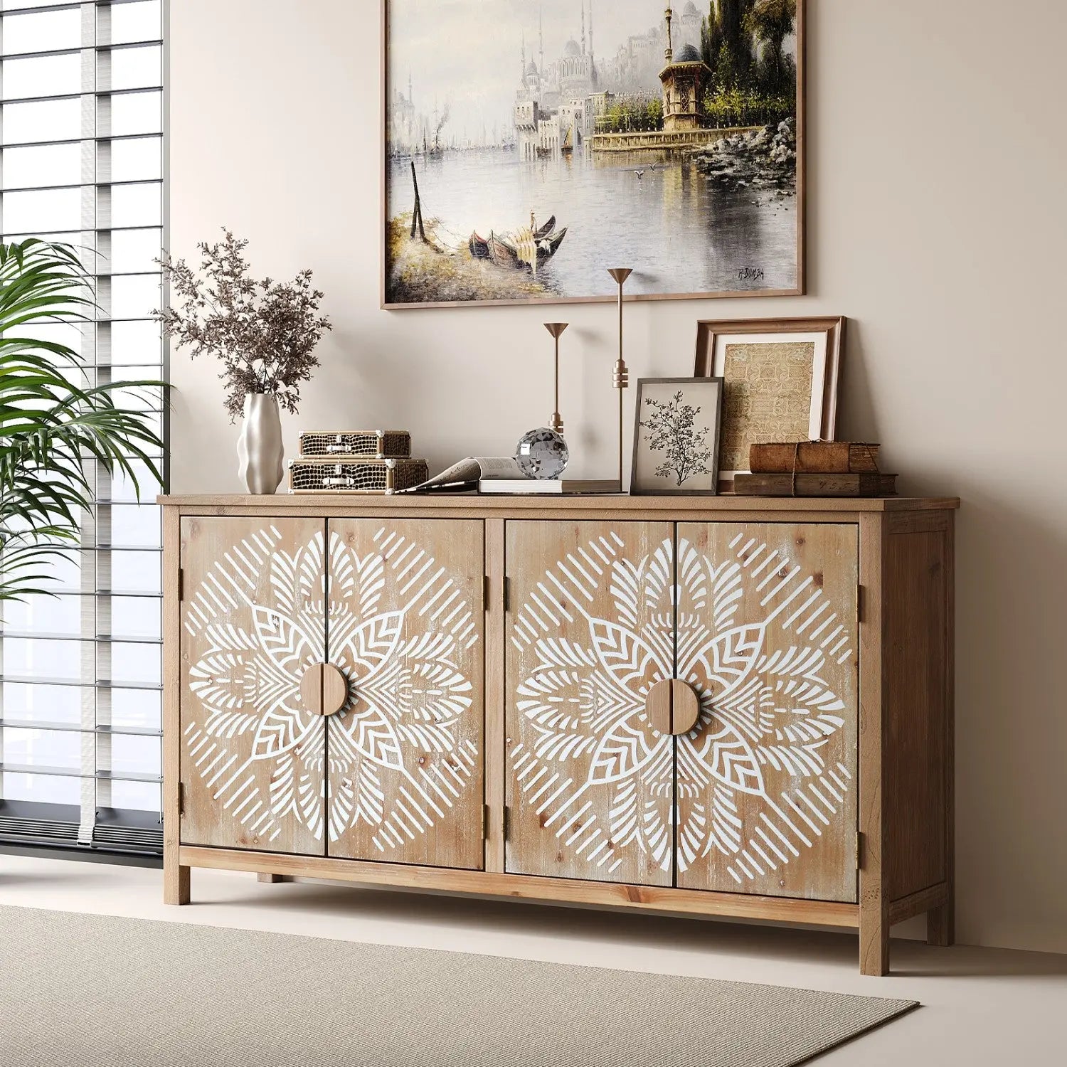 60" Brown and White Wood Carved Floral Accent Cabinet With Four Doors Homeroots Kitchen & Dining