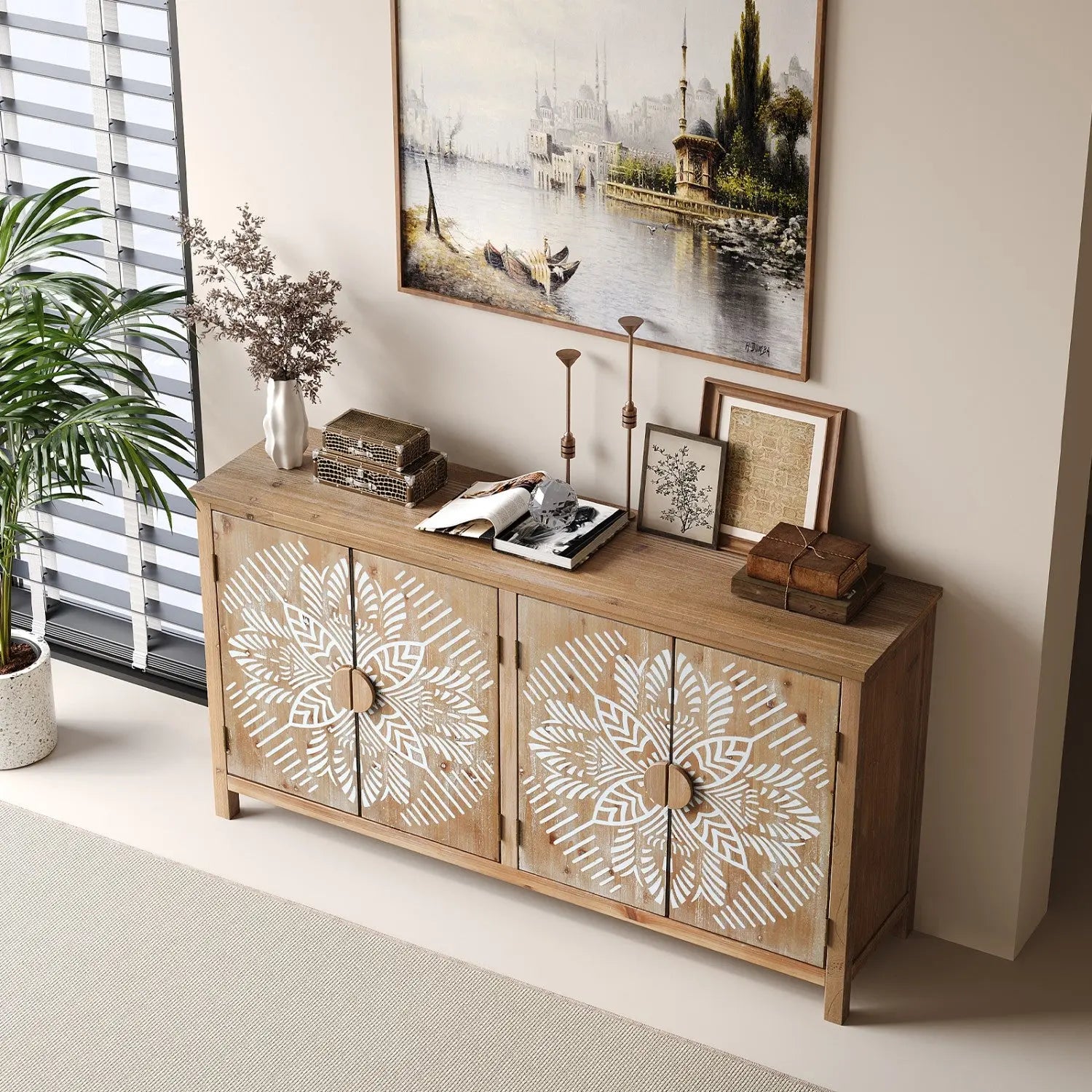 60" Brown and White Wood Carved Floral Accent Cabinet With Four Doors Homeroots Kitchen & Dining