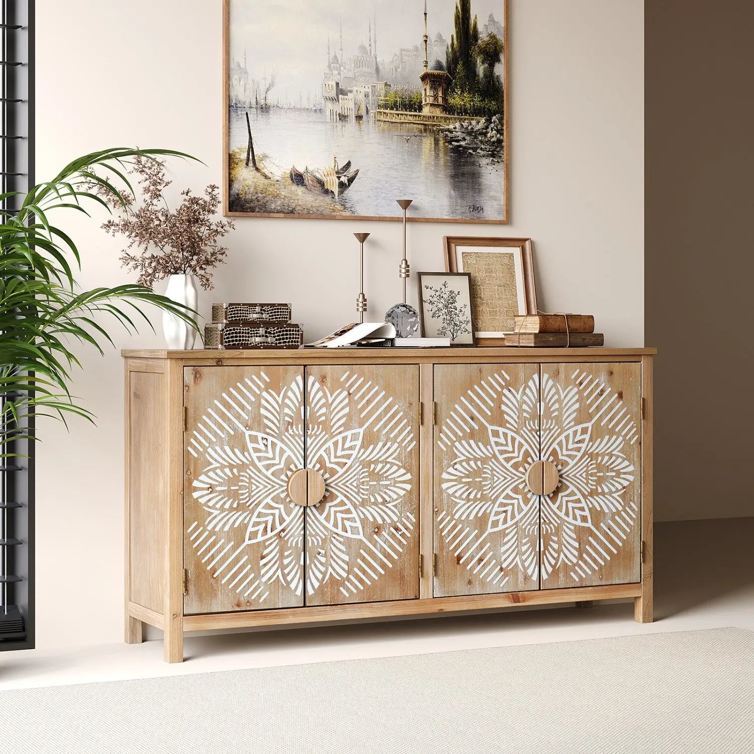 60" Brown and White Wood Carved Floral Accent Cabinet With Four Doors Homeroots Kitchen & Dining