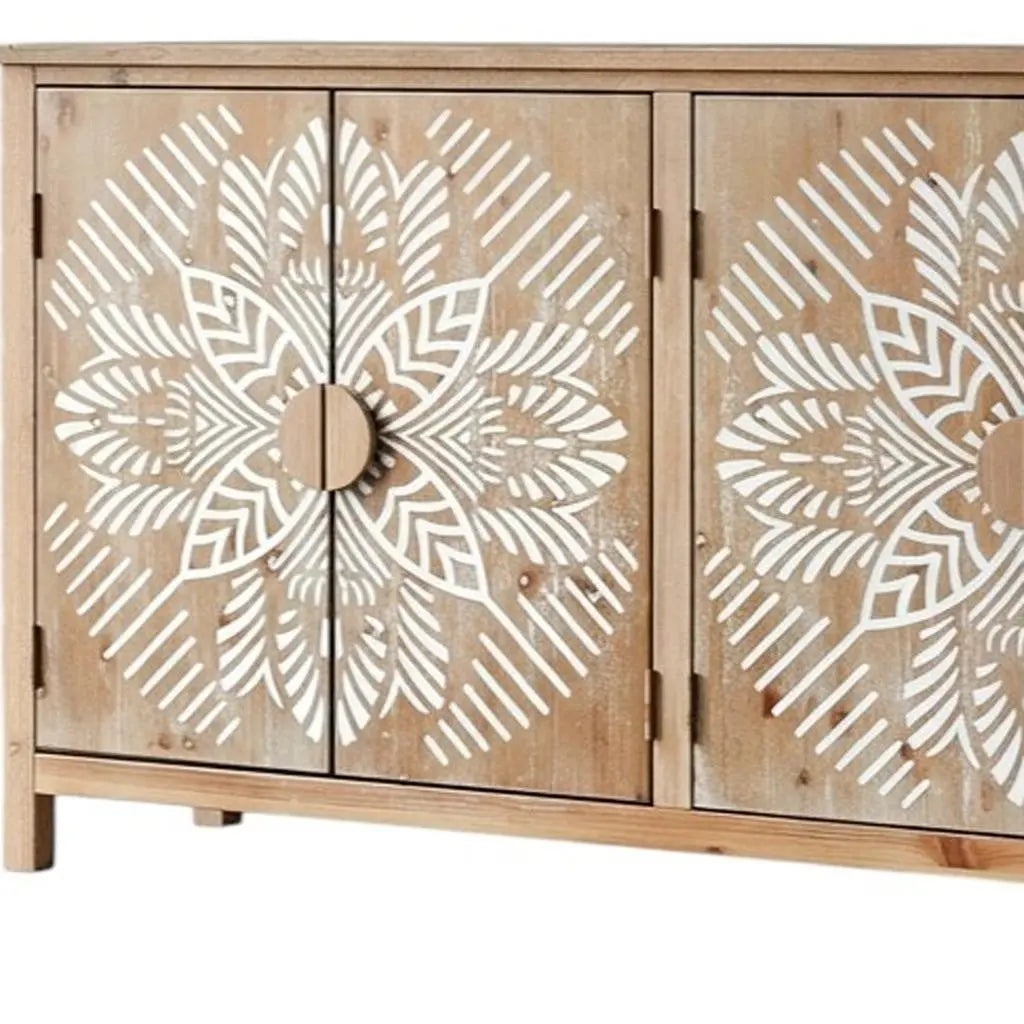 60" Brown and White Wood Carved Floral Accent Cabinet With Four Doors Homeroots Kitchen & Dining
