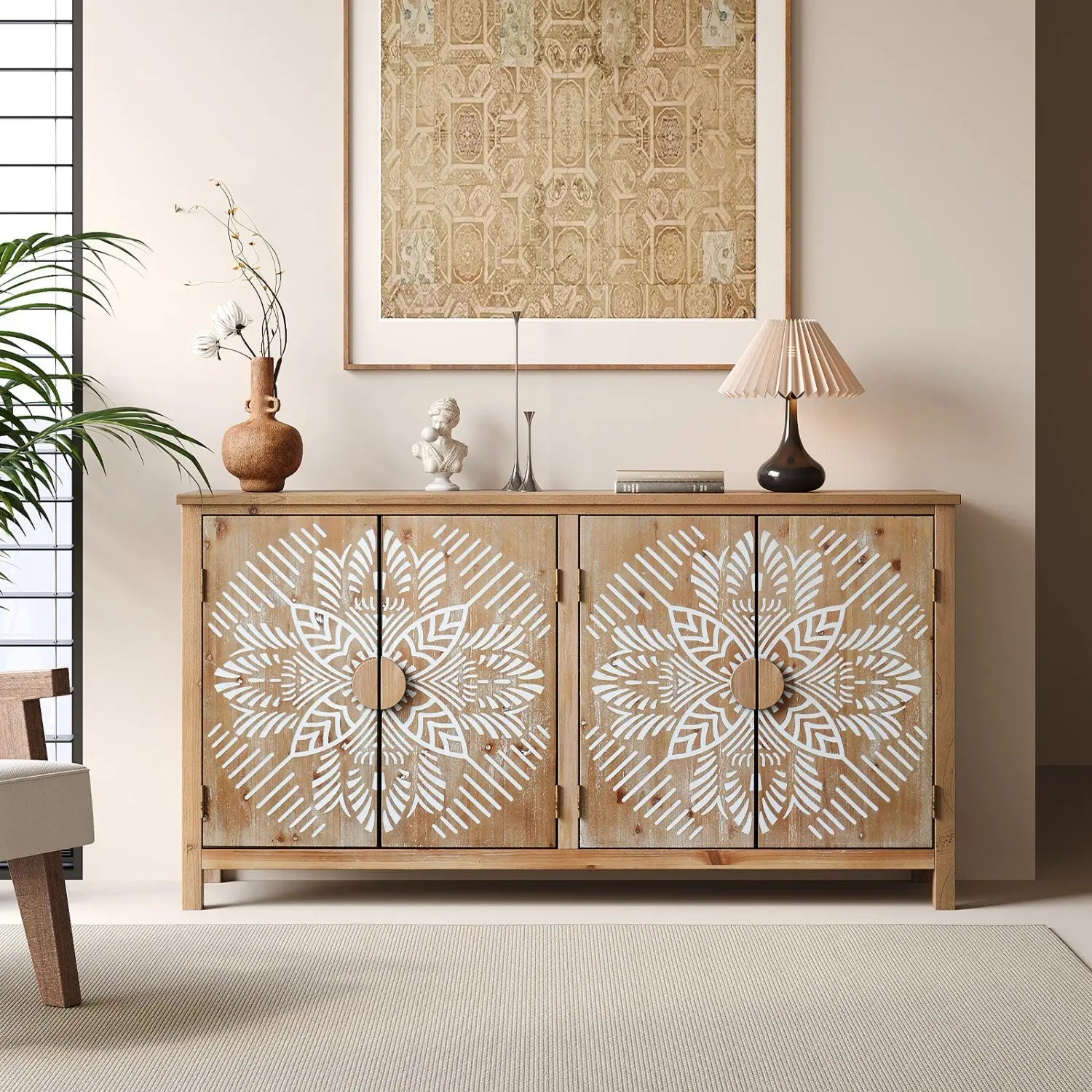 60" Brown and White Wood Carved Floral Accent Cabinet With Four Doors Homeroots Kitchen & Dining