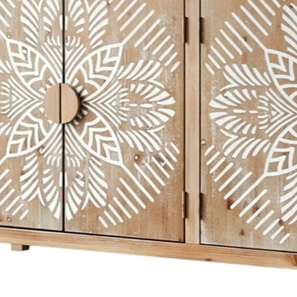 60" Brown and White Wood Carved Floral Accent Cabinet With Four Doors Homeroots Kitchen & Dining