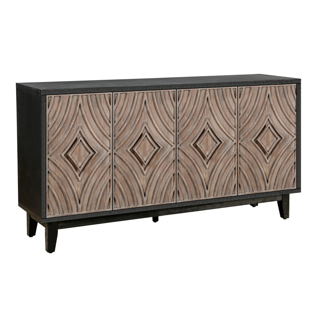 60" Charcoal and Brown Distressed Wood Sideboard with Four Doors Homeroots Kitchen & Dining
