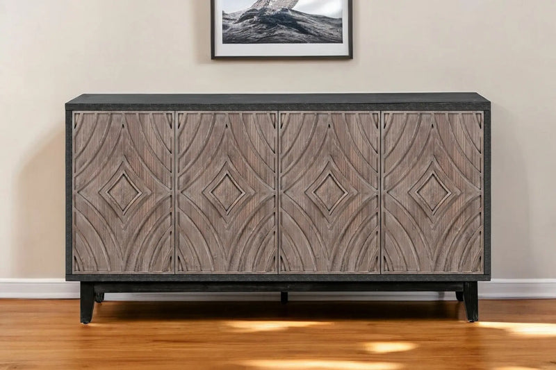 60" Charcoal and Brown Distressed Wood Sideboard with Four Doors Homeroots Kitchen & Dining