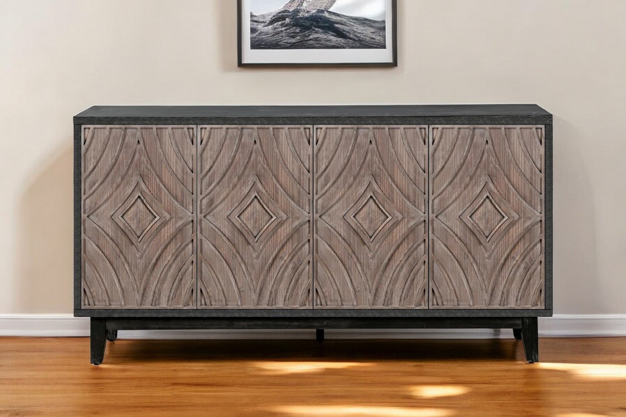 60" Charcoal and Brown Distressed Wood Sideboard with Four Doors Homeroots Kitchen & Dining