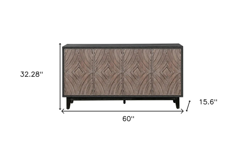 60" Charcoal and Brown Distressed Wood Sideboard with Four Doors Homeroots Kitchen & Dining