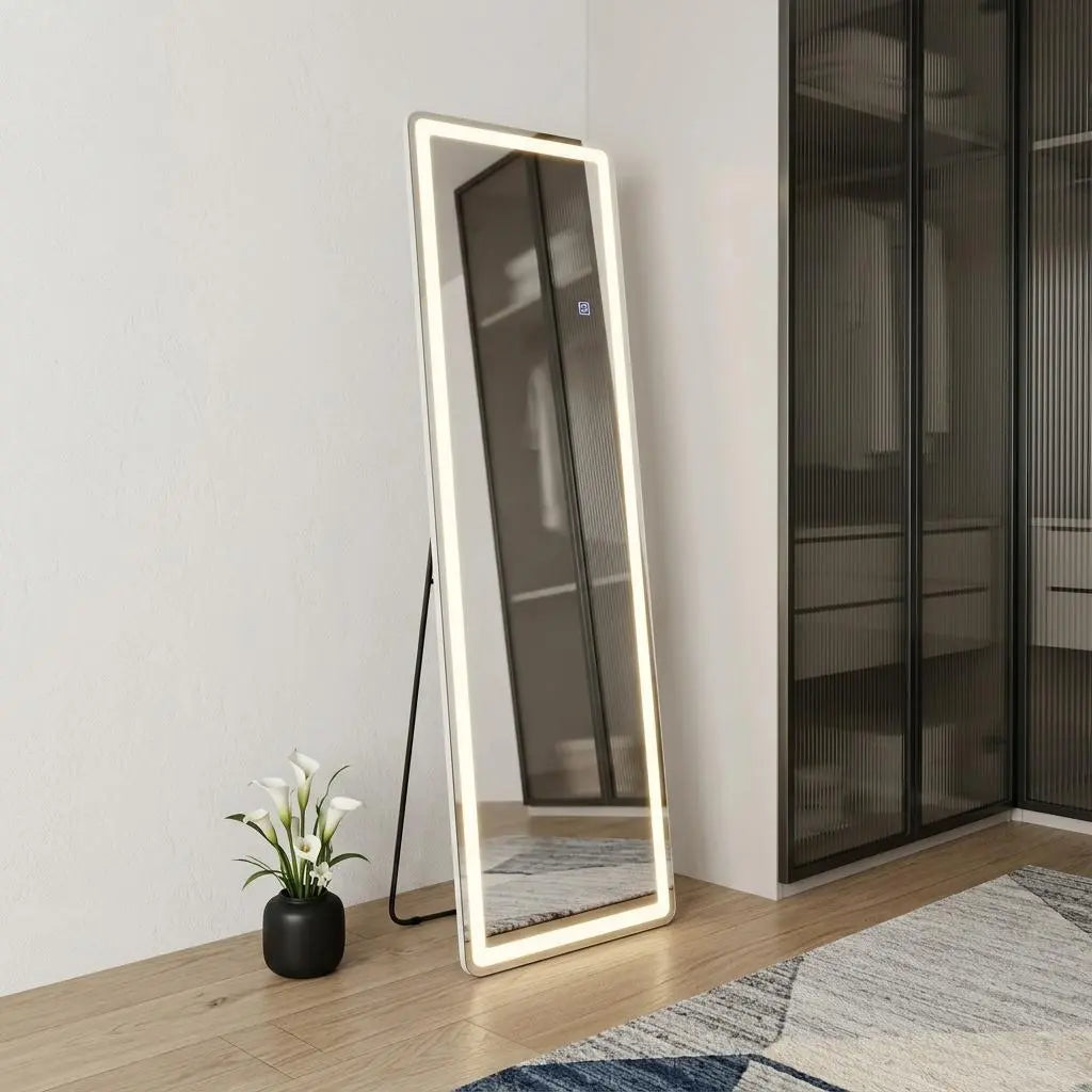 60" Clear Lighted Freestanding and Wall Mount Frameless Full Length Mirror Homeroots Bed & Bath