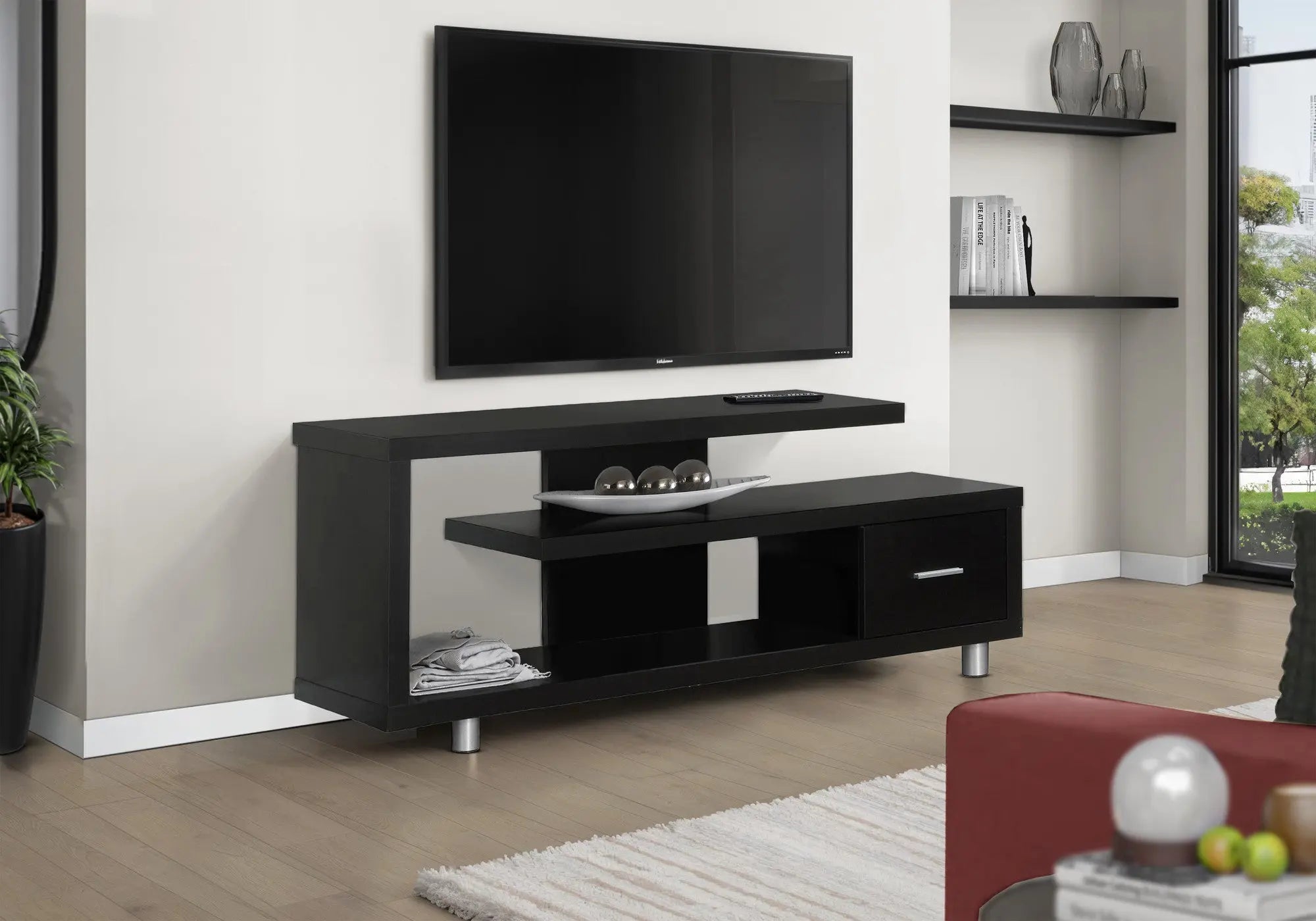 60" Dark Brown Cabinet Enclosed Storage TV Stand Homeroots Living Room