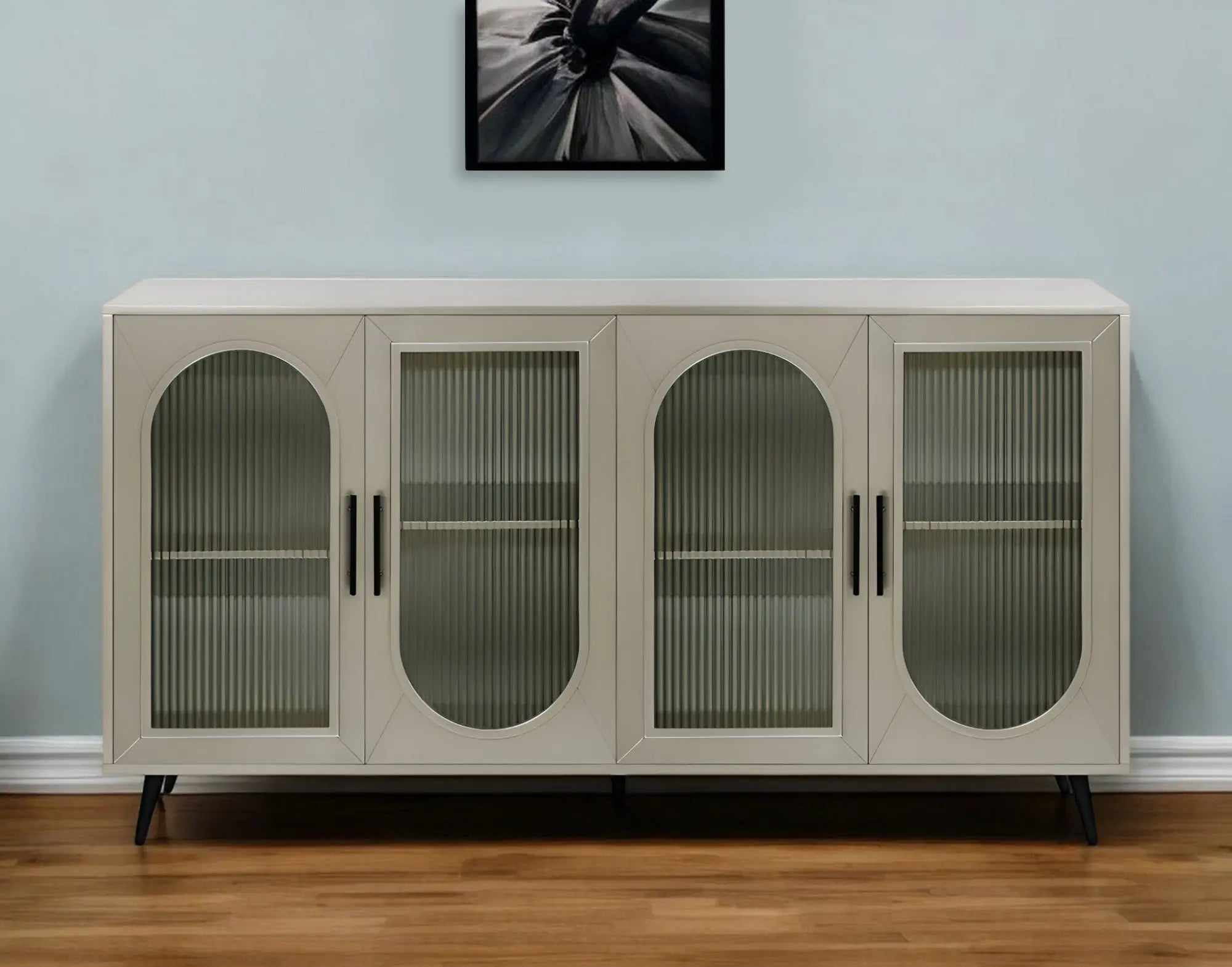 60" Gold Wood And Glass Sideboard with Four Doors Homeroots Kitchen & Dining