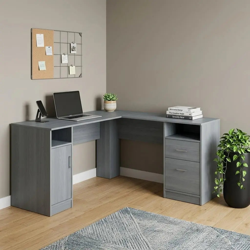 60" Gray Wood L Shape Computer Desk With Two Drawers Homeroots Office