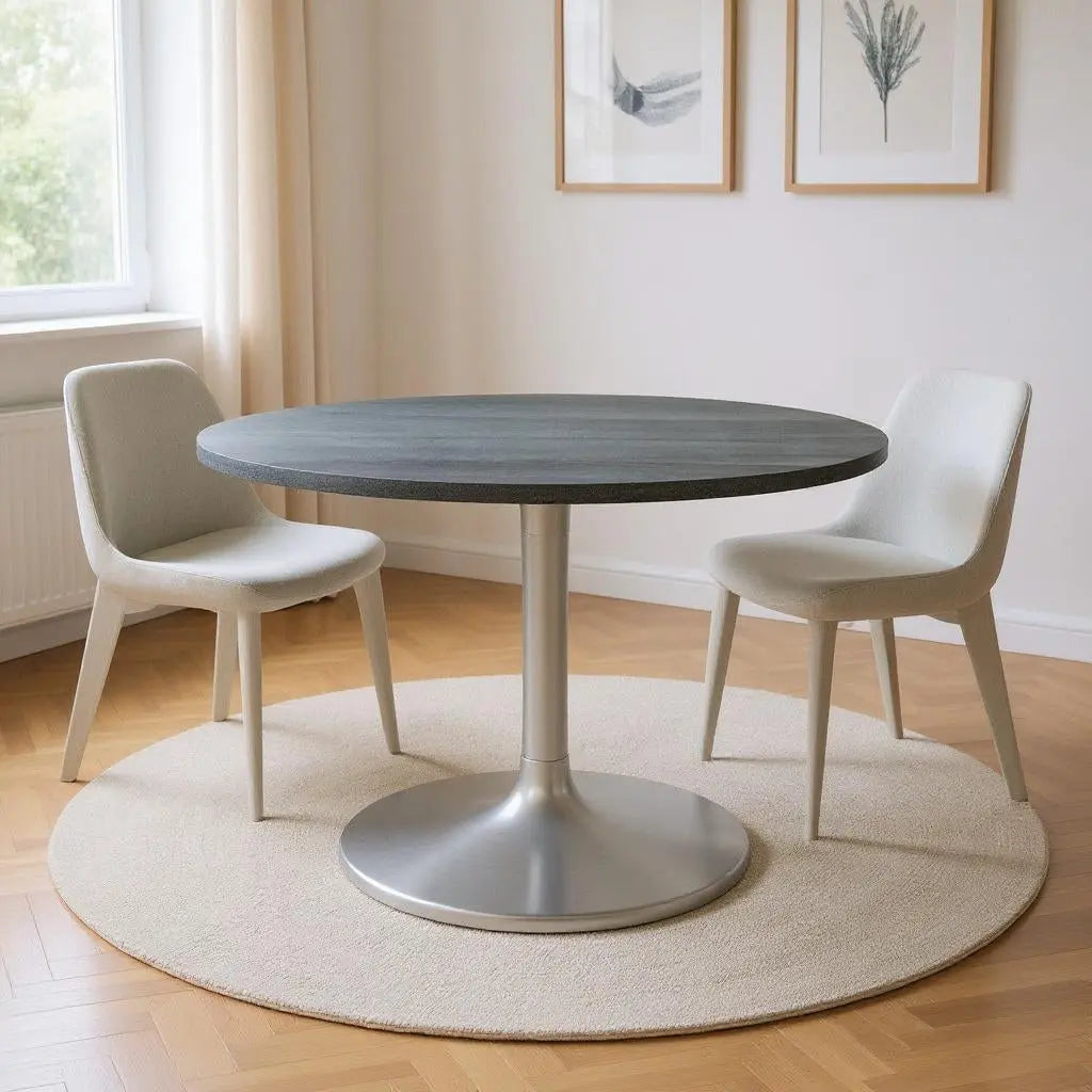 60" Gray and Silver Marble and Aluminum Pedestal Base Round Top Dining Table Homeroots Kitchen & Dining