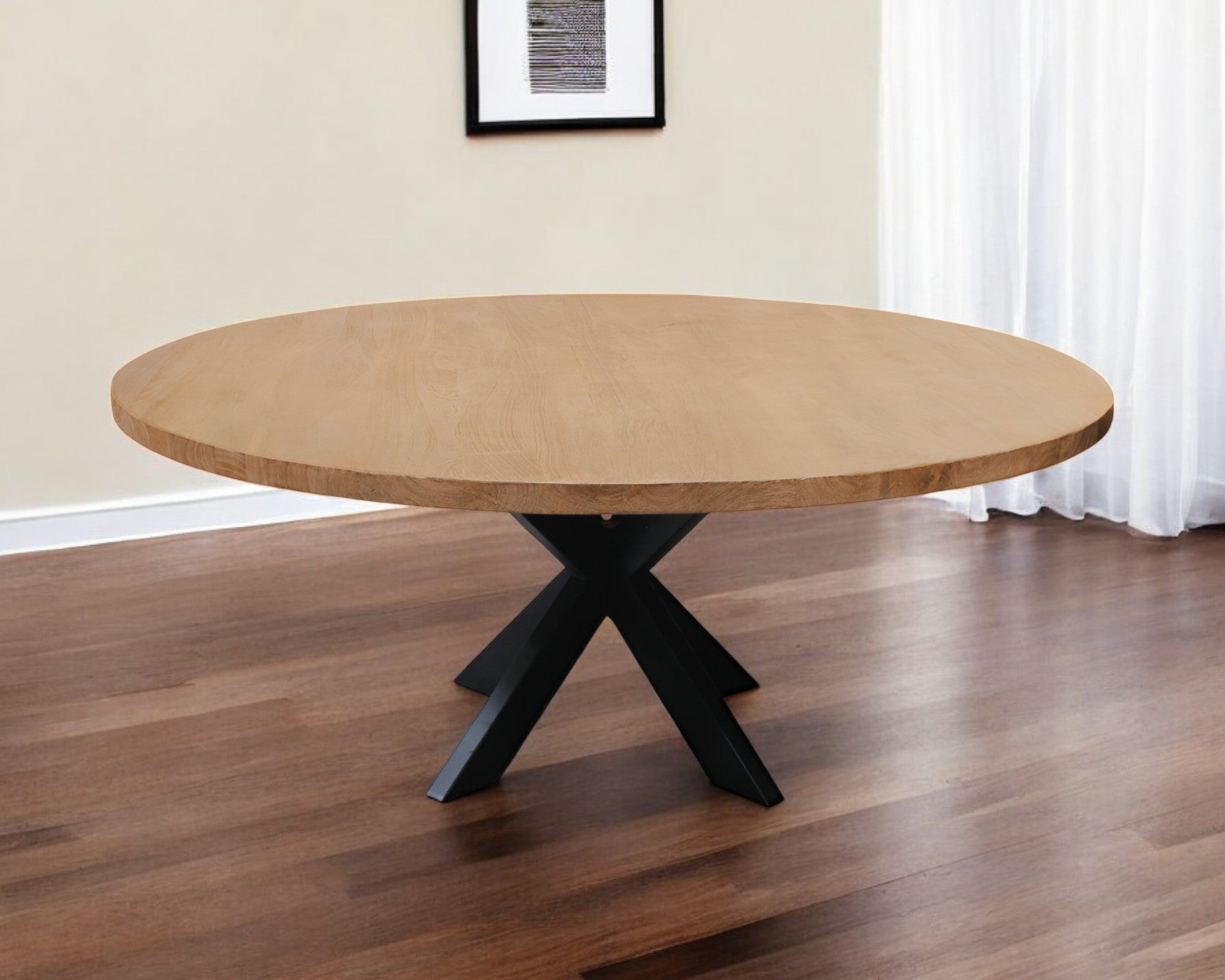 60" Natural And Black Rounded Solid Wood And Iron Pedestal Base Dining Table - GreatEagleInc