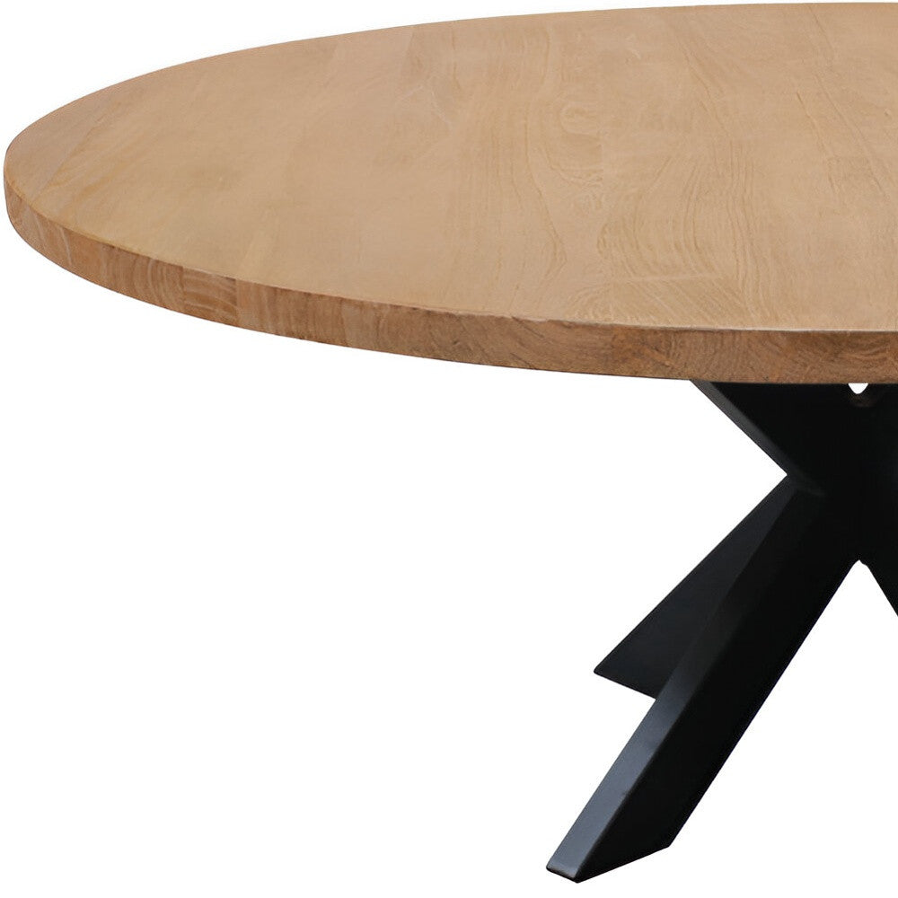 60" Natural And Black Rounded Solid Wood And Iron Pedestal Base Dining Table - GreatEagleInc