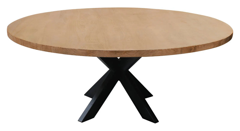 60" Natural And Black Rounded Solid Wood And Iron Pedestal Base Dining Table - GreatEagleInc