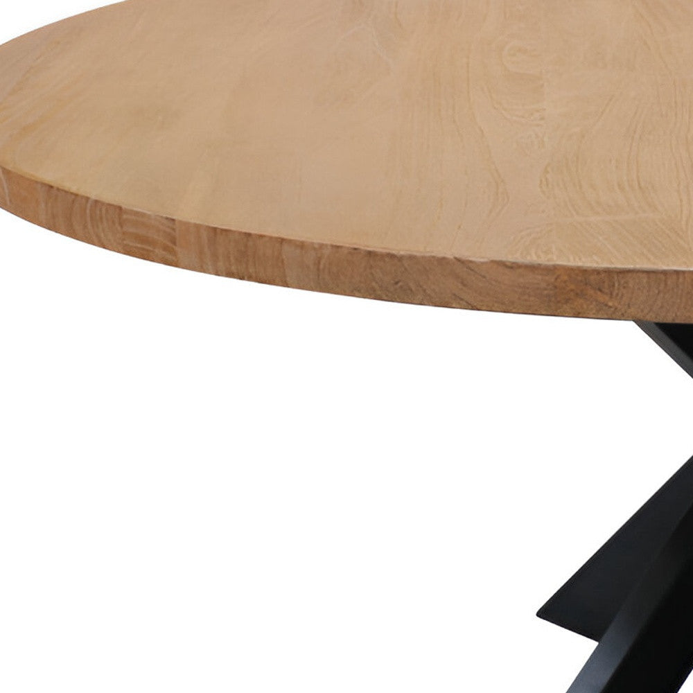 60" Natural And Black Rounded Solid Wood And Iron Pedestal Base Dining Table - GreatEagleInc