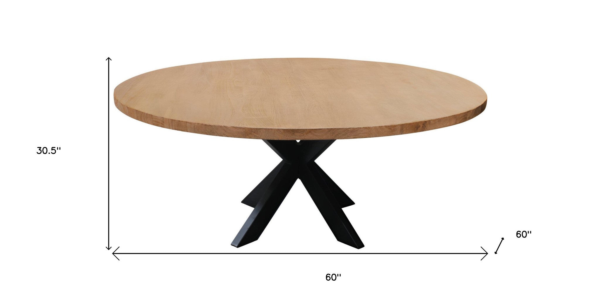 60" Natural And Black Rounded Solid Wood And Iron Pedestal Base Dining Table - GreatEagleInc