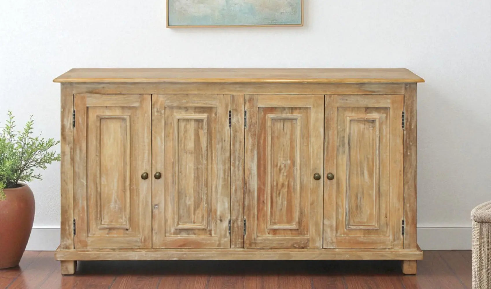 60" Natural Distressed Solid Wood Sideboard with Four Doors Homeroots Kitchen & Dining