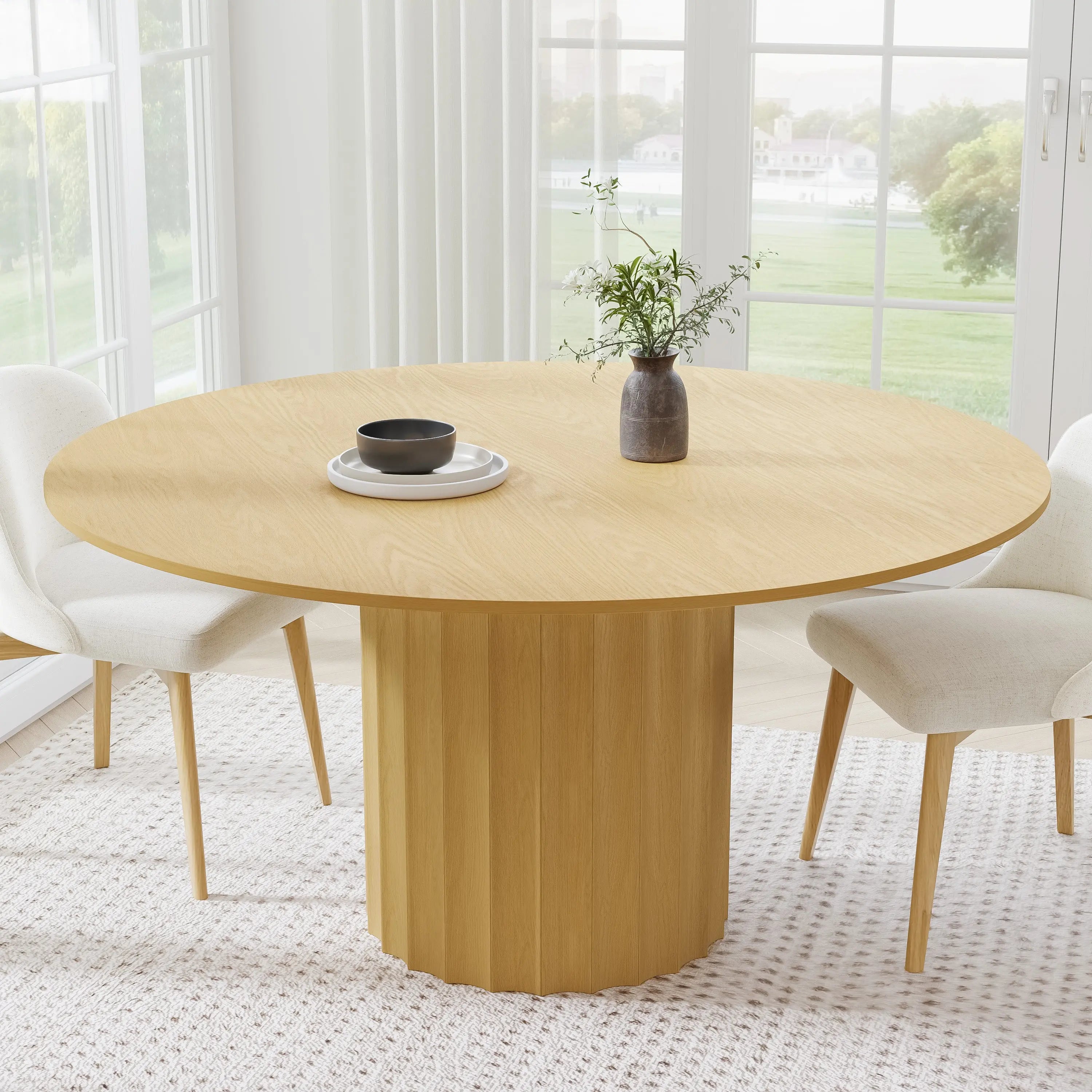 60" Natural Solid Wood Pedestal Base Round Top Dining Table Homeroots Kitchen & Dining