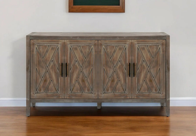 60" Natural and Brown Distressed Carved Geometric Sideboard with Four Doors Homeroots Kitchen & Dining