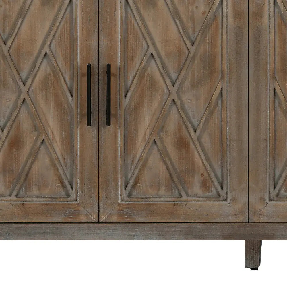 60" Natural and Brown Distressed Carved Geometric Sideboard with Four Doors Homeroots Kitchen & Dining