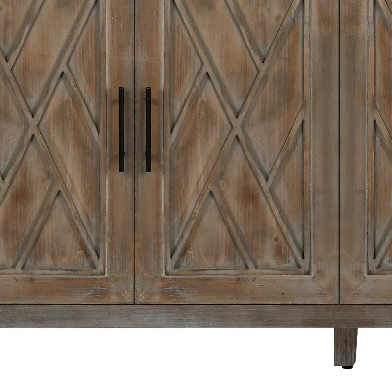 60" Natural and Brown Distressed Carved Geometric Sideboard with Four Doors Homeroots Kitchen & Dining