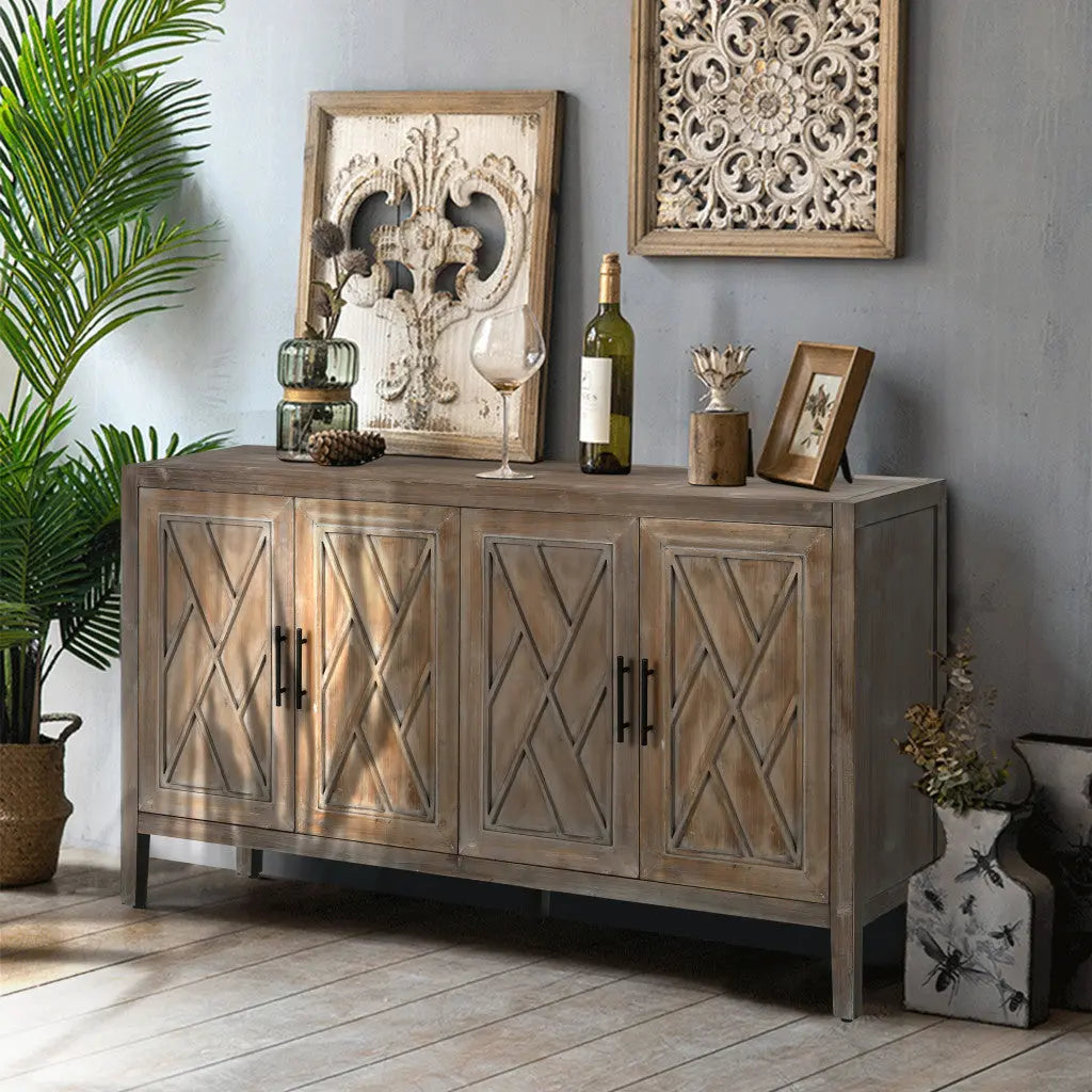 60" Natural and Brown Distressed Carved Geometric Sideboard with Four Doors Homeroots Kitchen & Dining