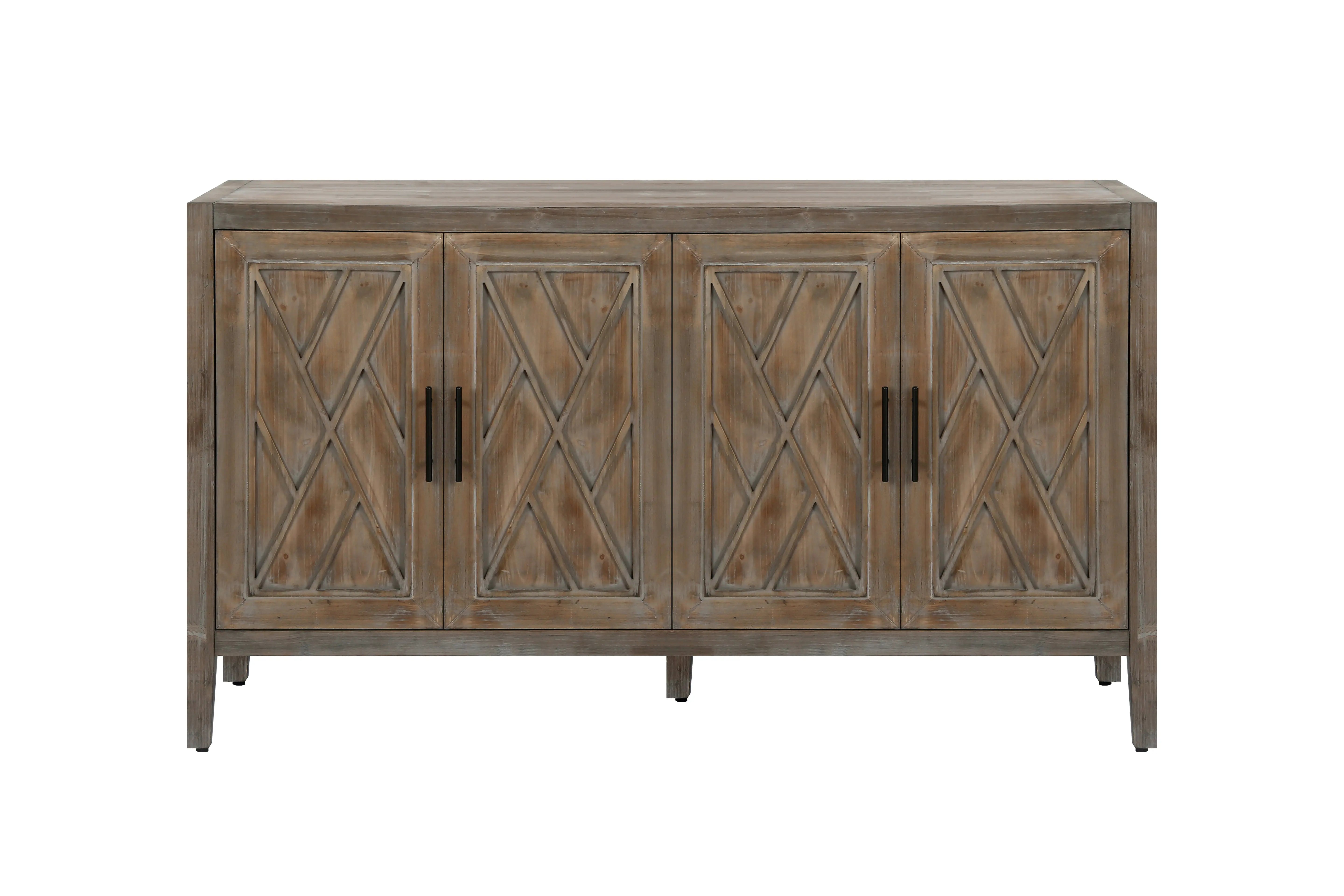 60" Natural and Brown Distressed Carved Geometric Sideboard with Four Doors Homeroots Kitchen & Dining
