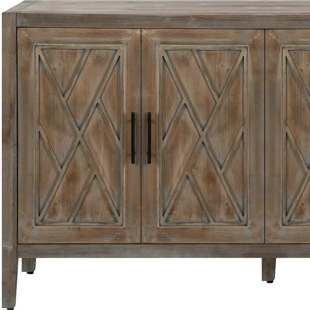 60" Natural and Brown Distressed Carved Geometric Sideboard with Four Doors Homeroots Kitchen & Dining